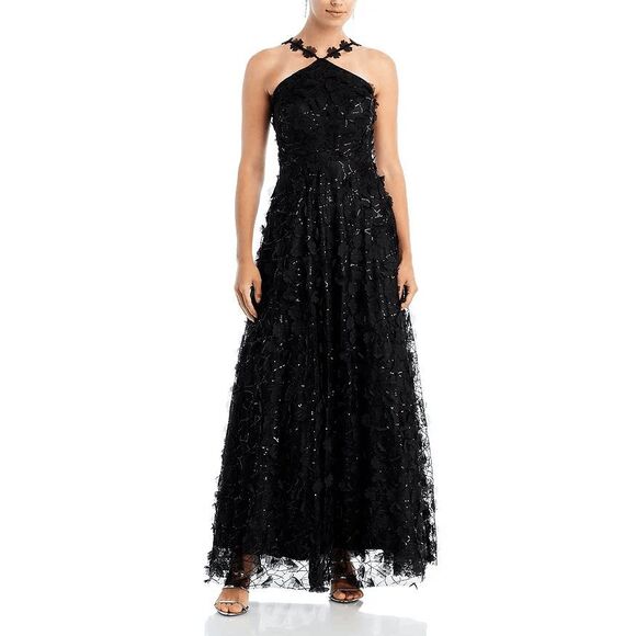 Eliza J Black 3D Floating Flow Floral Sequin Halter Ballgown Dress Women's 14 - Picture 1 of 9
